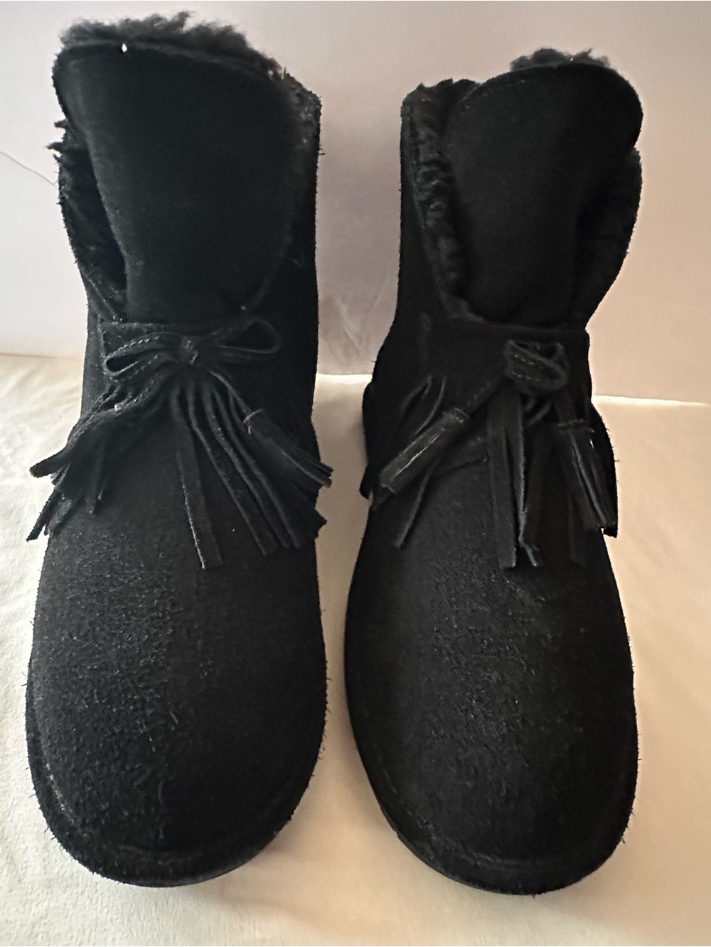 BearPaw Black Suede Shearling Tassel Ankle Slippers